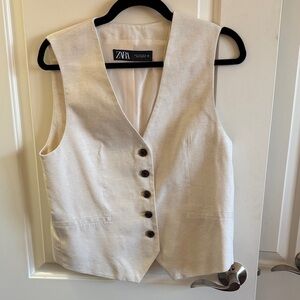 Zara Off-White Linen-Blend Button Vest